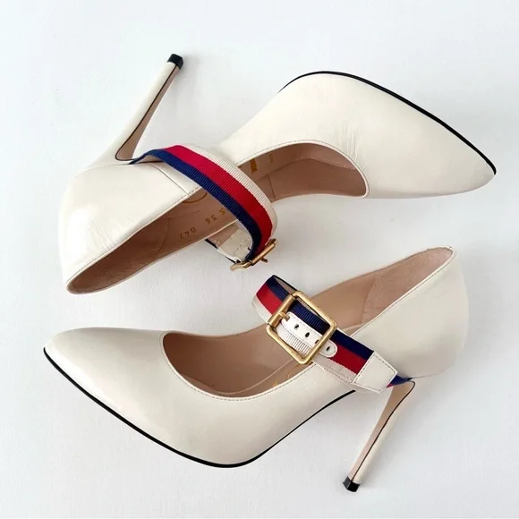 GUCCI | Sylvie Web Stripe Buckle White Leather Pumps EU 36 - Picture 12 of 16